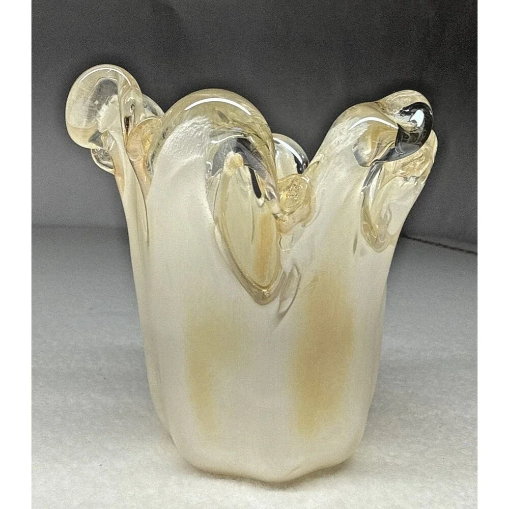 Murano Style Hand Blown Art Glass Vase Bowl Champagne Gold Italy Ruffled Rim
